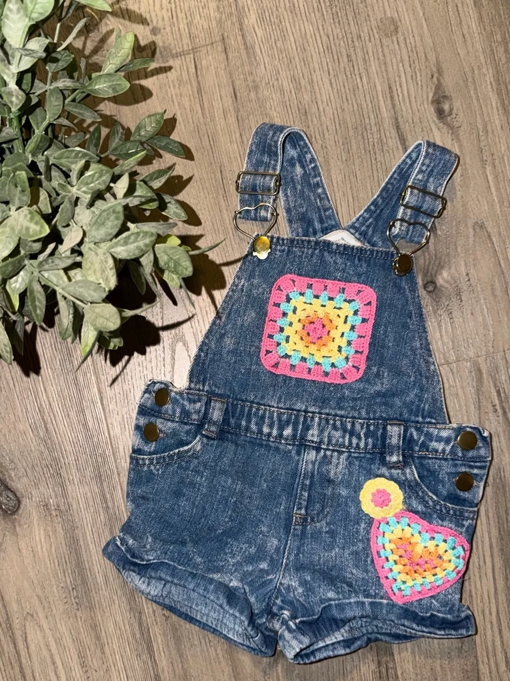 Denim Short Overalls with Multicolor Crochet Accents - Blue